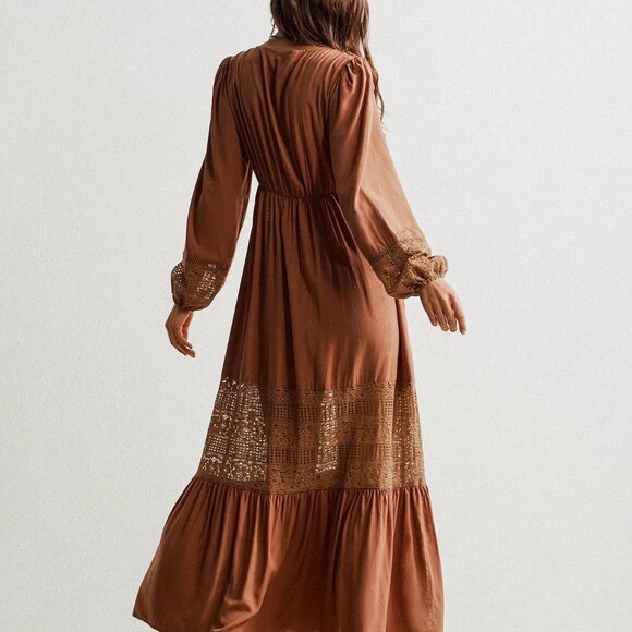 Boho Beauty Brown Casual Women's V Neck Lace Trimmed Maxi Dress - Picture 5 of 10